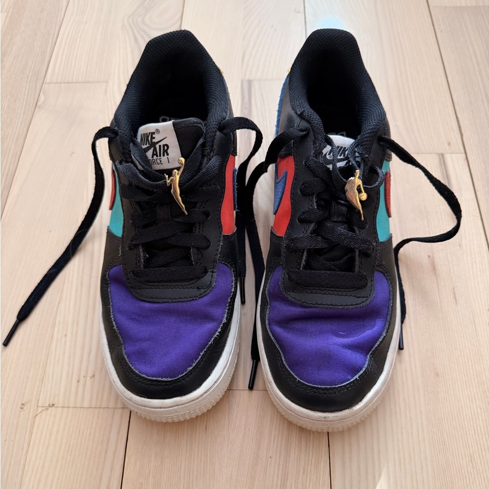 Nike Air Force 1 Kids' Black and Purple Sneakers with Red and Blue Accents